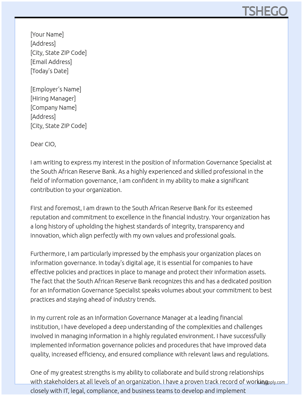 Information Governance Specialist  At South African Reserve Bank Cover Letter