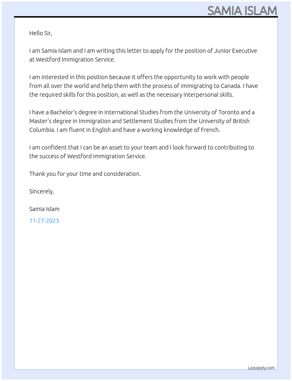 Junior Executive At WESTFORD IMMIGRATION SERVICE Cover Letter