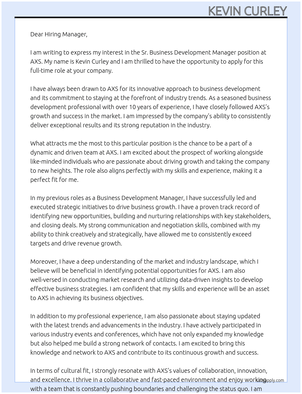 Sr. Business Development Manager At AXS Cover Letter