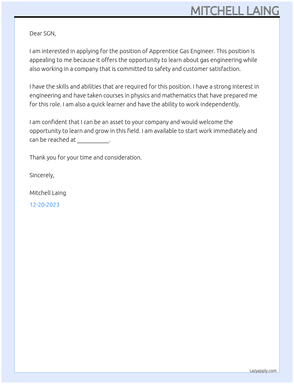 Apprentice Gas Engineer At SGN Cover Letter