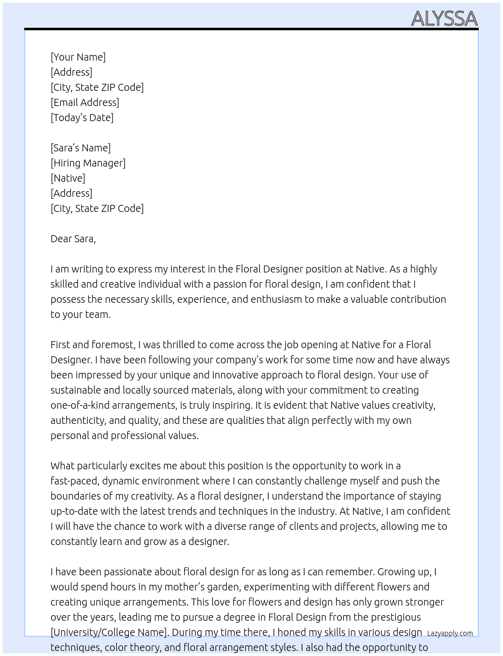Floral designer At Native  Cover Letter