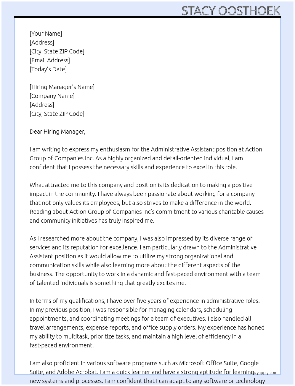 Administrative Assistant At Action Group of Companies inc Cover Letter
