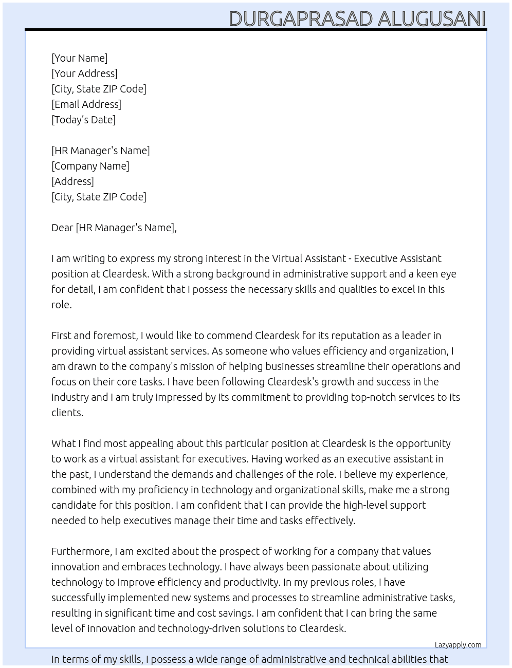 Virtual assistant - executive assistant  At Cleardesk Cover Letter