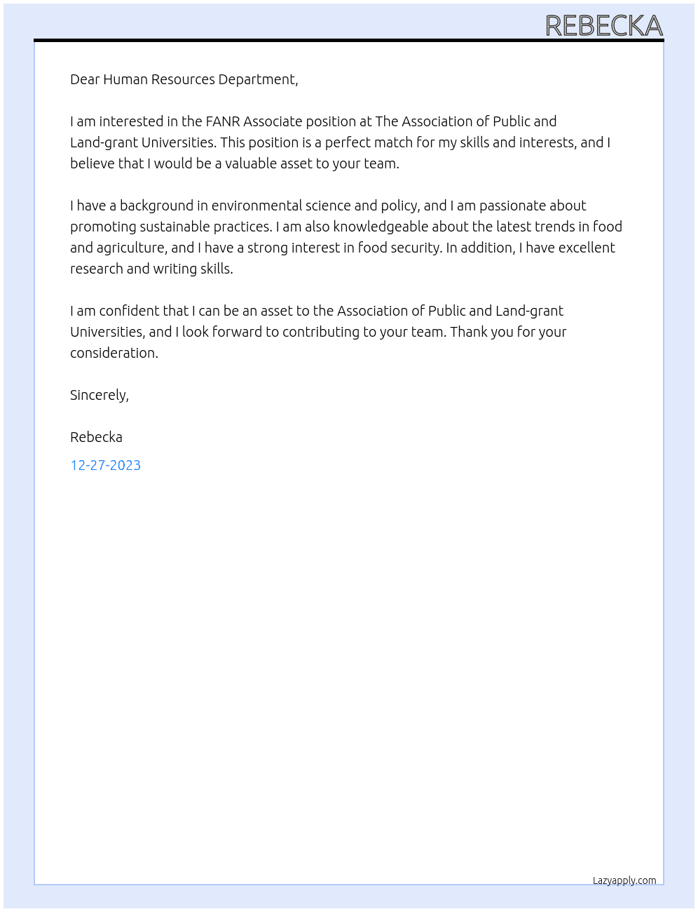 FANR Associate At The Association of Public and Land-grant Universities Cover Letter