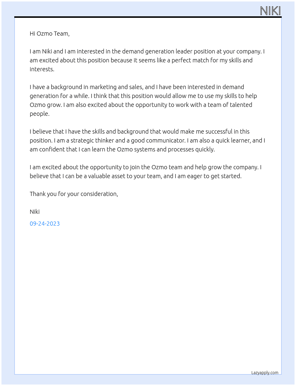 demand generation leader At Ozmo Cover Letter