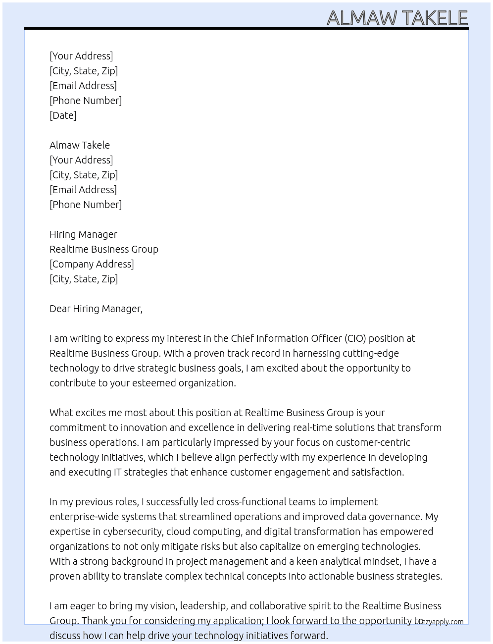 Chief Information Officer (CIO) At Realtime Business Group Cover Letter