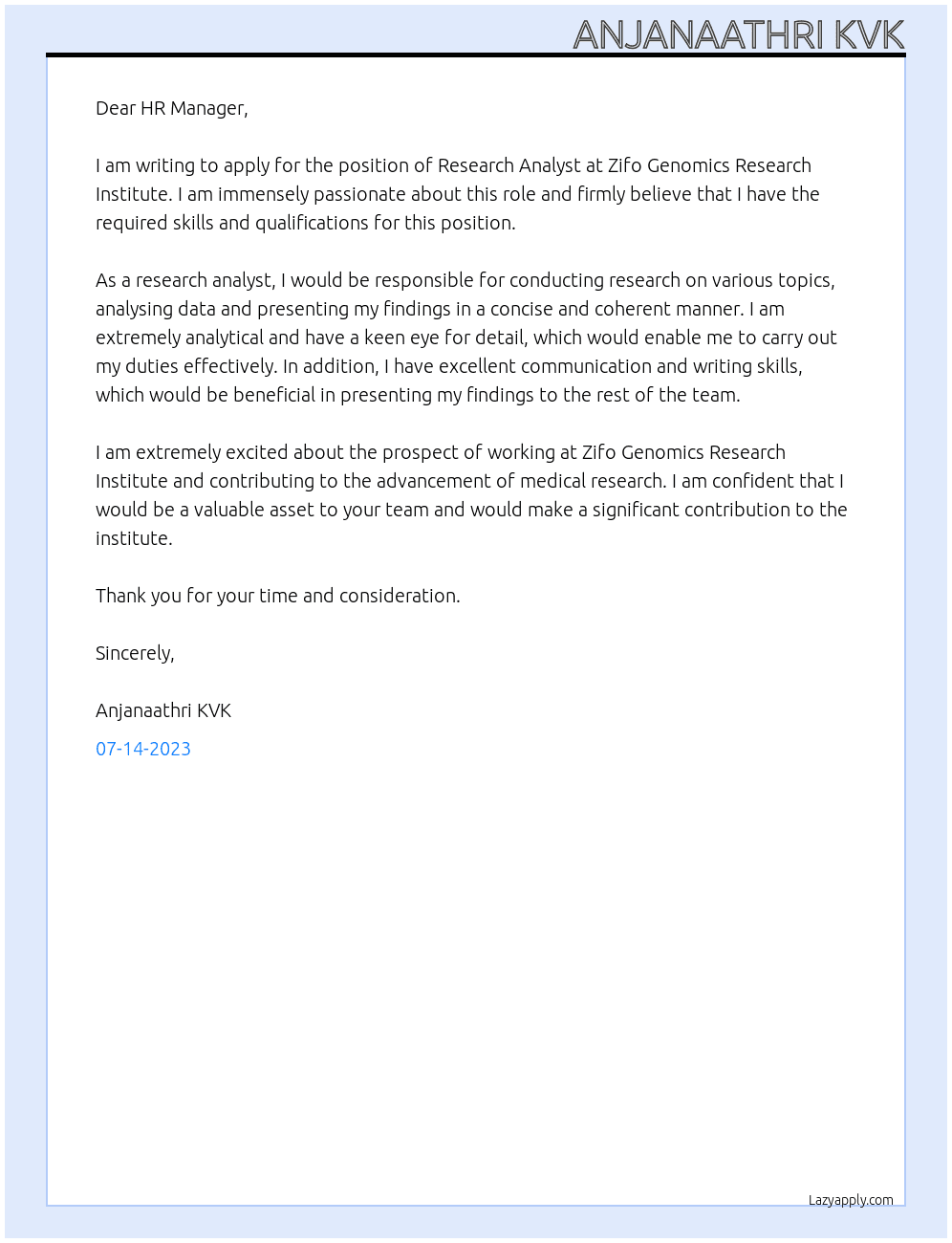 Research Analyst At Zifo Genomics Research Institute  Cover Letter