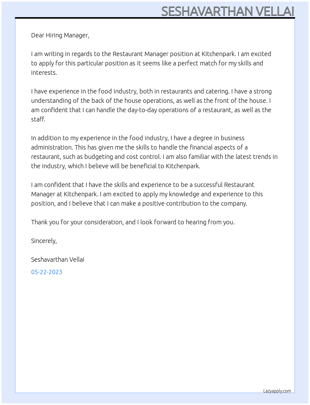 Restaurant Manager At Kitchenpark Cover Letter