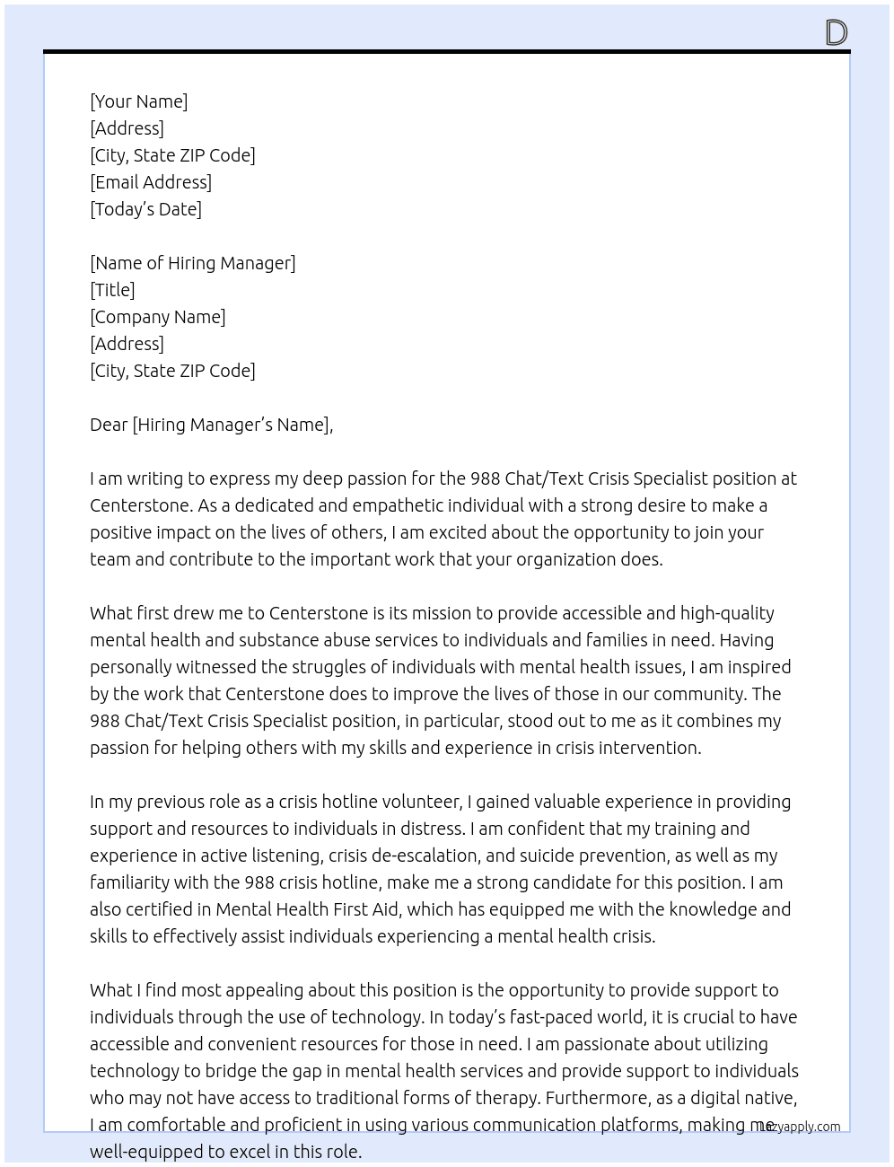 988 Chat/Text Crisis Specialist At Centerstone Cover Letter
