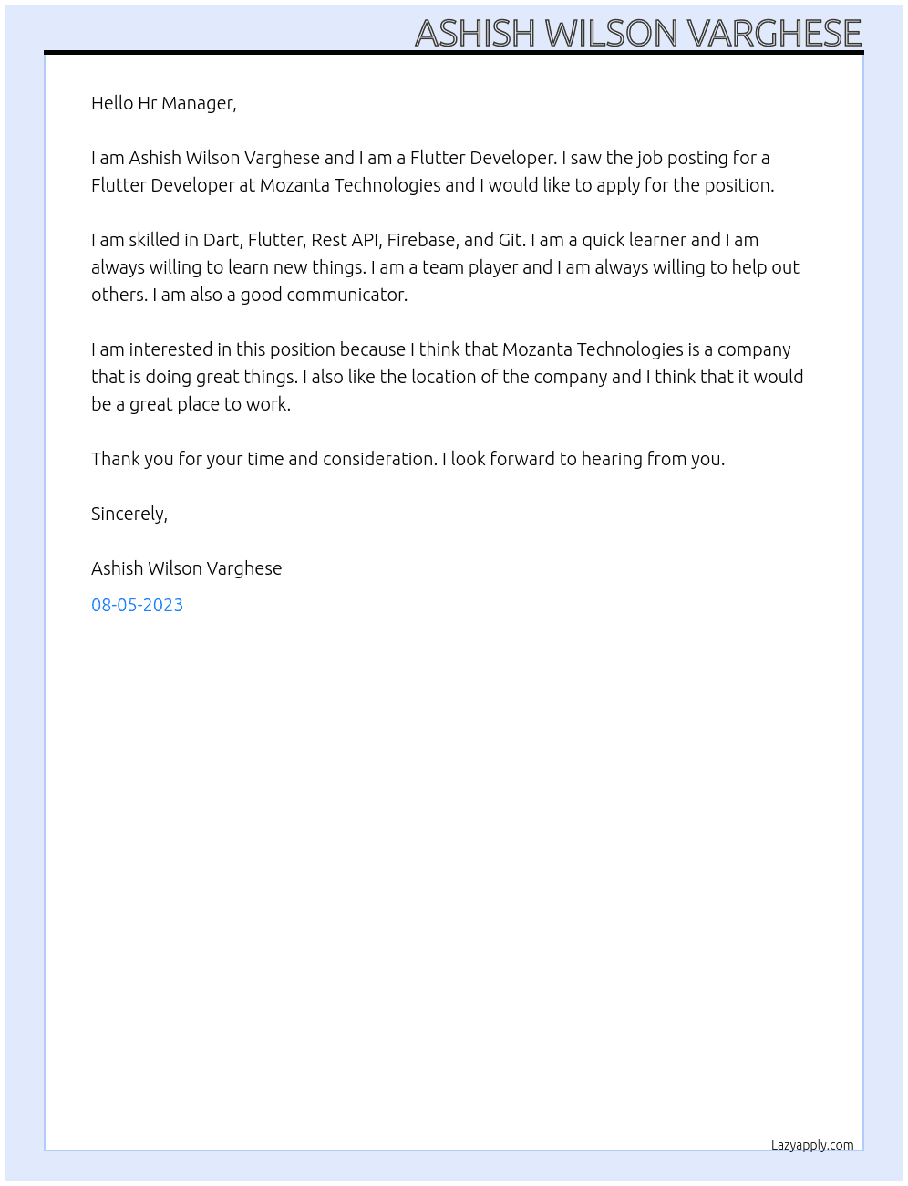 Flutter Developer At Mozanta Technologies Cover Letter