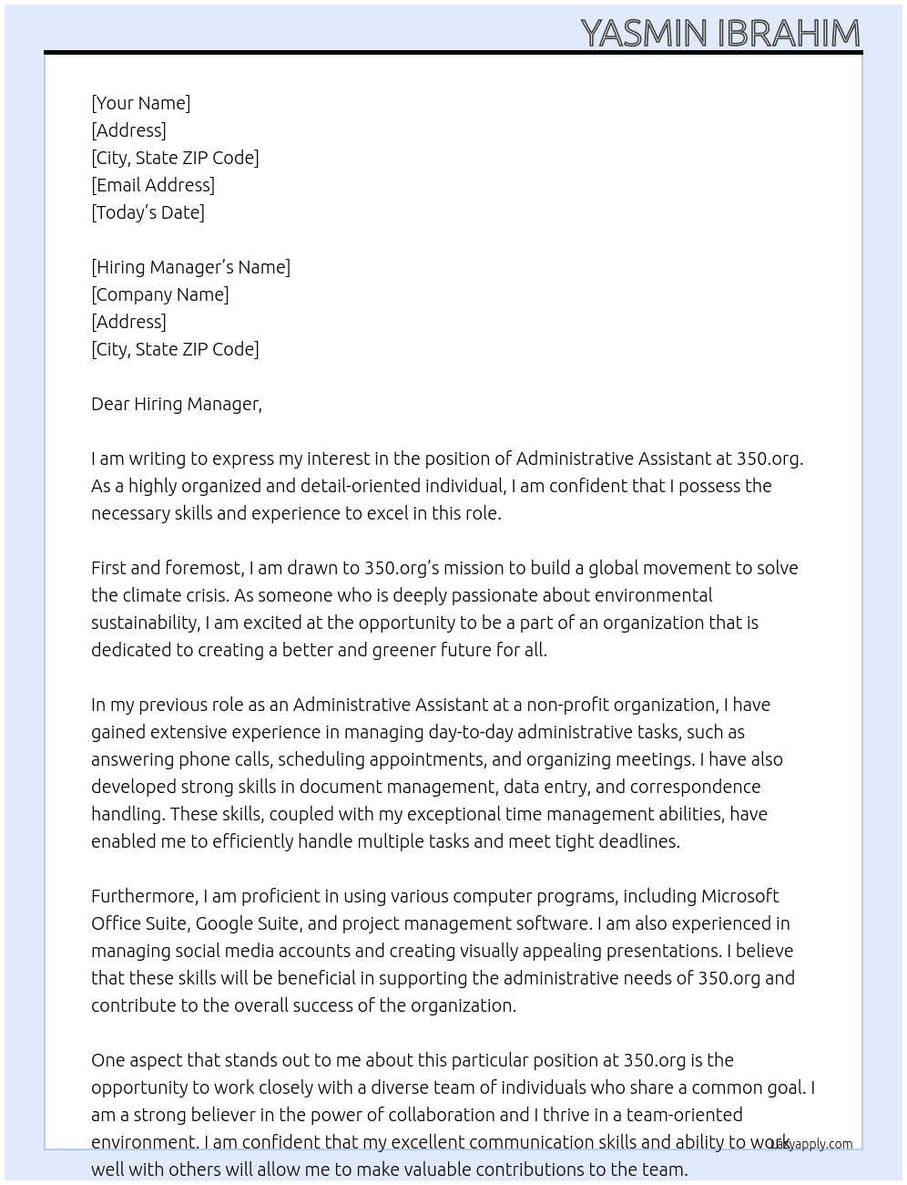  Administrative Assistant At 350.org Cover Letter