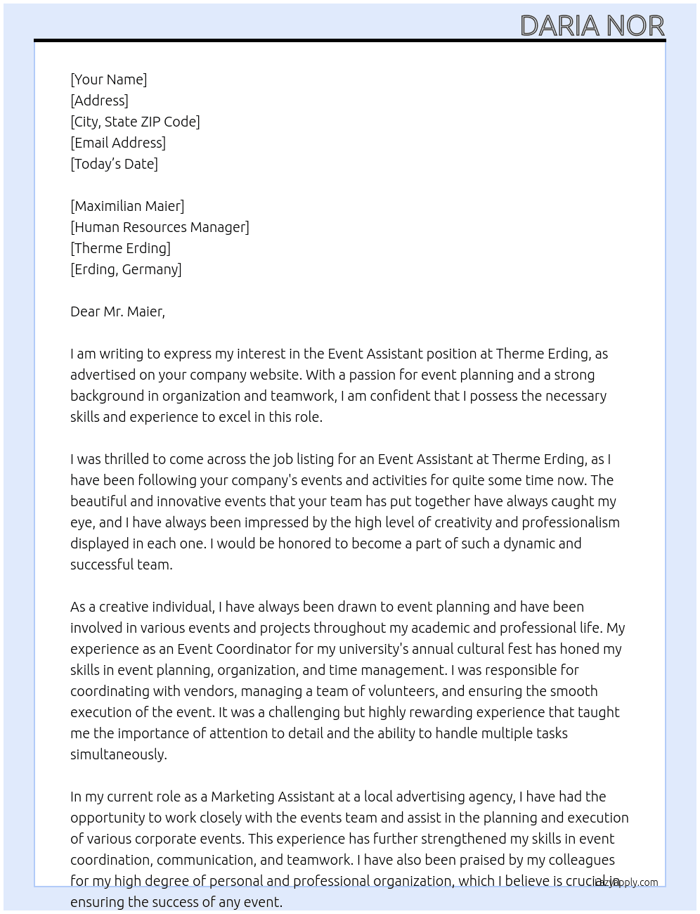 Event Assistent At Therme Erding Cover Letter