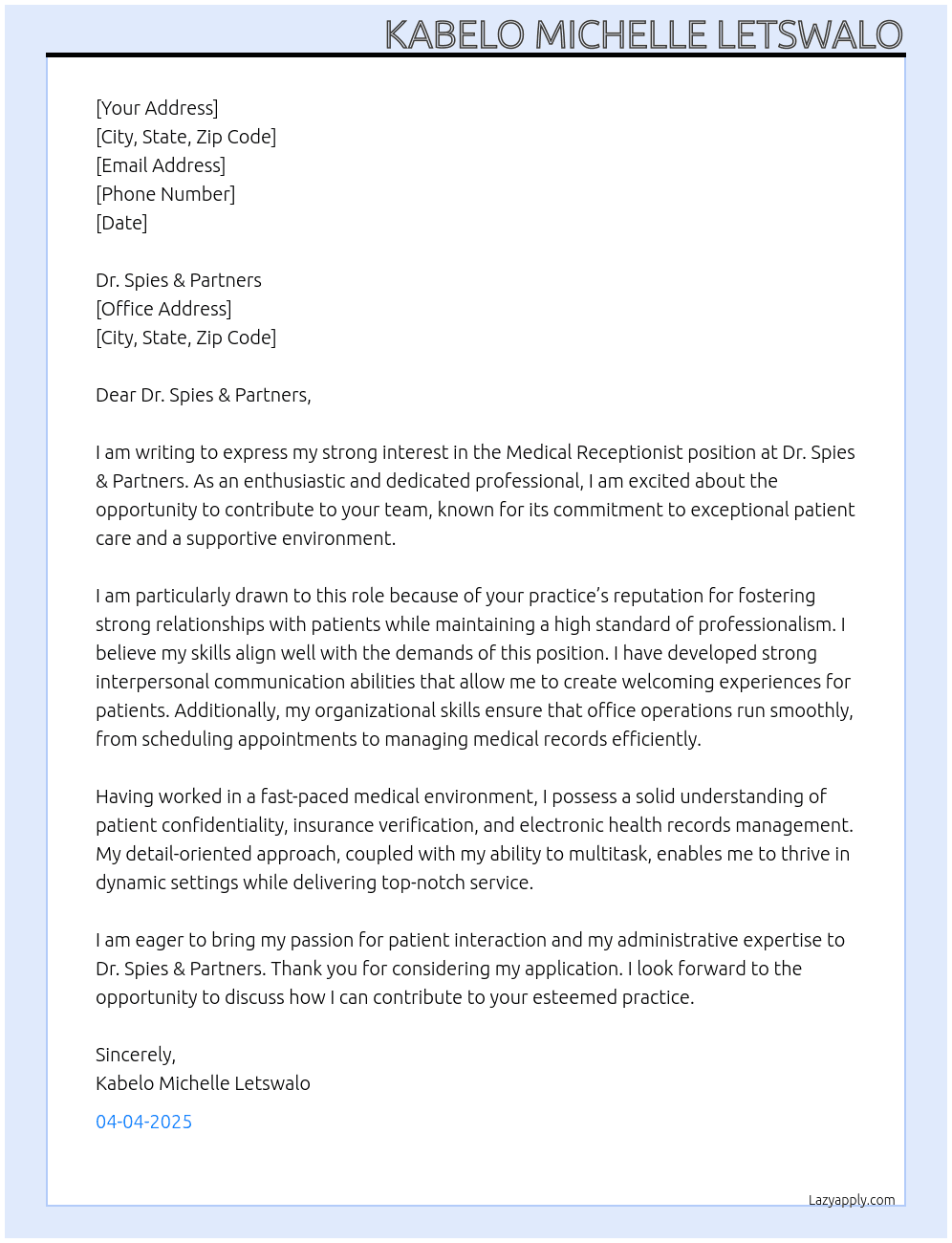 Medical Receptionist At Dr Spies & Partners Cover Letter