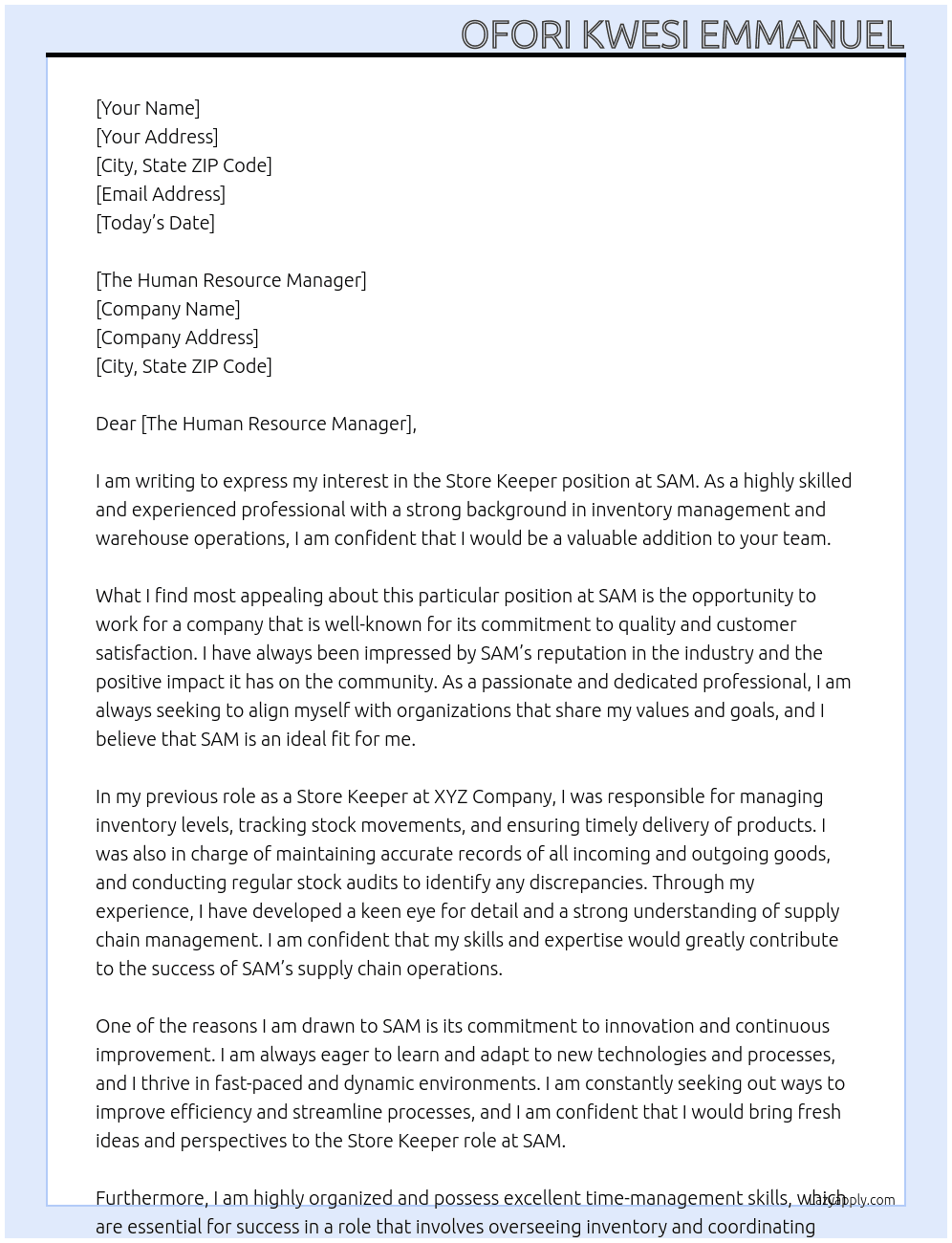 STORE KEEPER At SAM Cover Letter