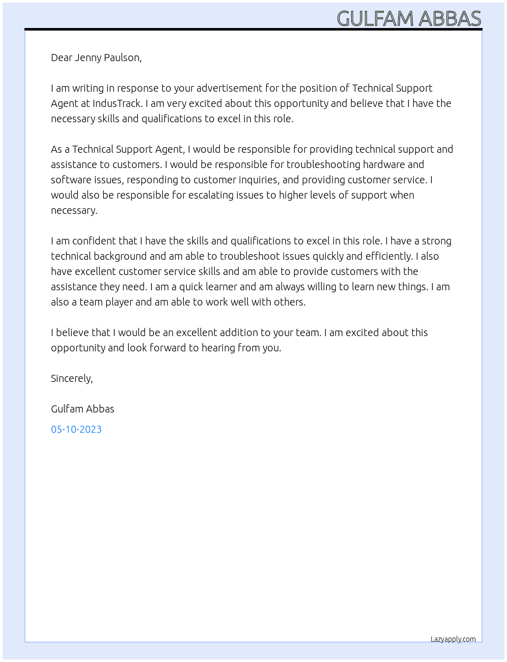 Technical Support Agent At IndusTrack Cover Letter