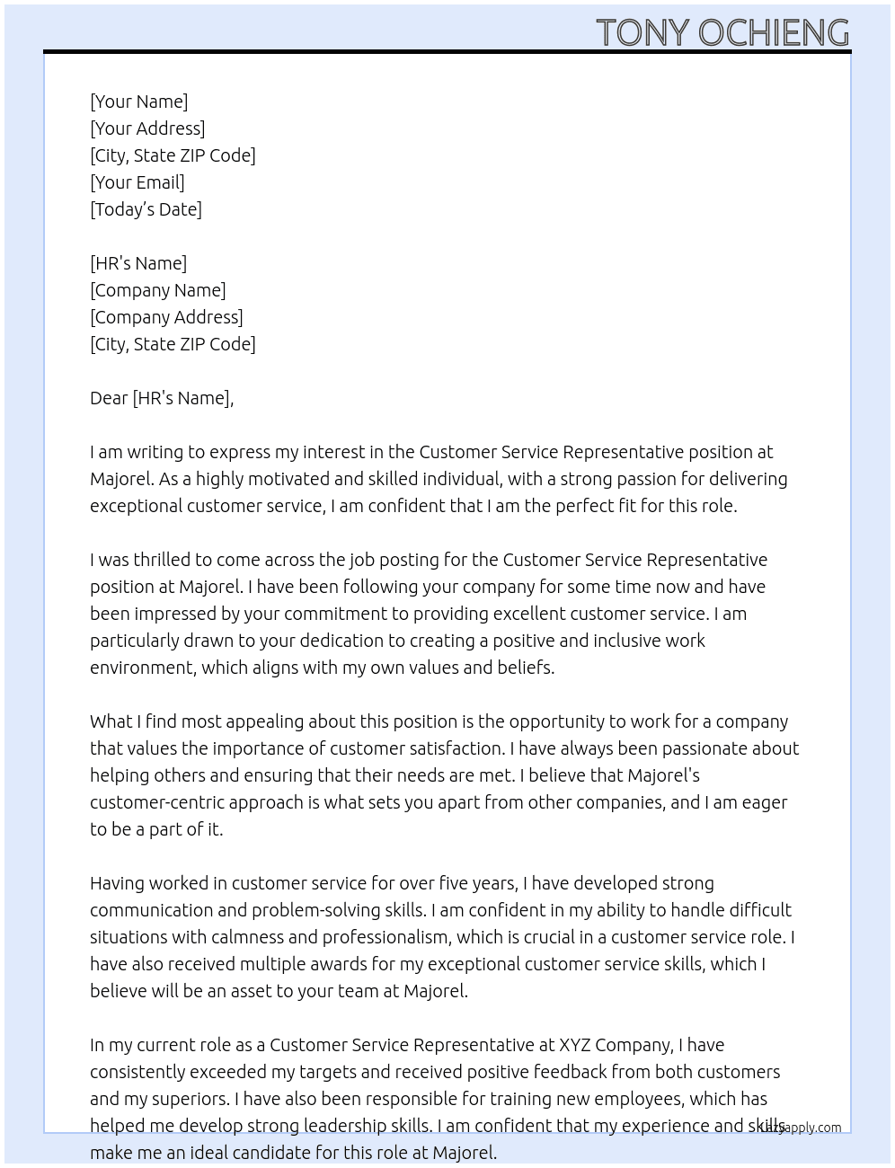 customer service representative At majorel Cover Letter