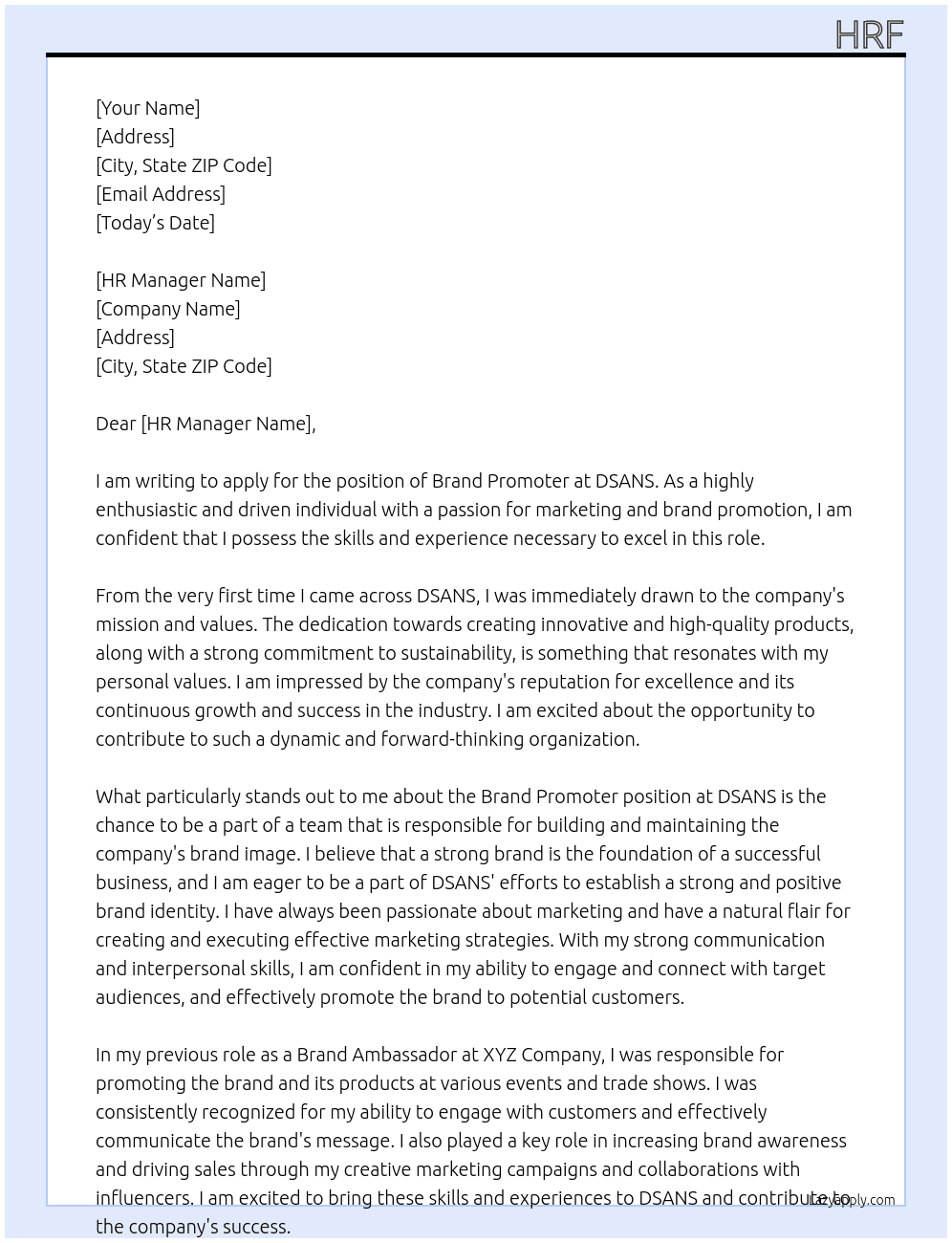 BRAND PROMOTER At DSANS Cover Letter