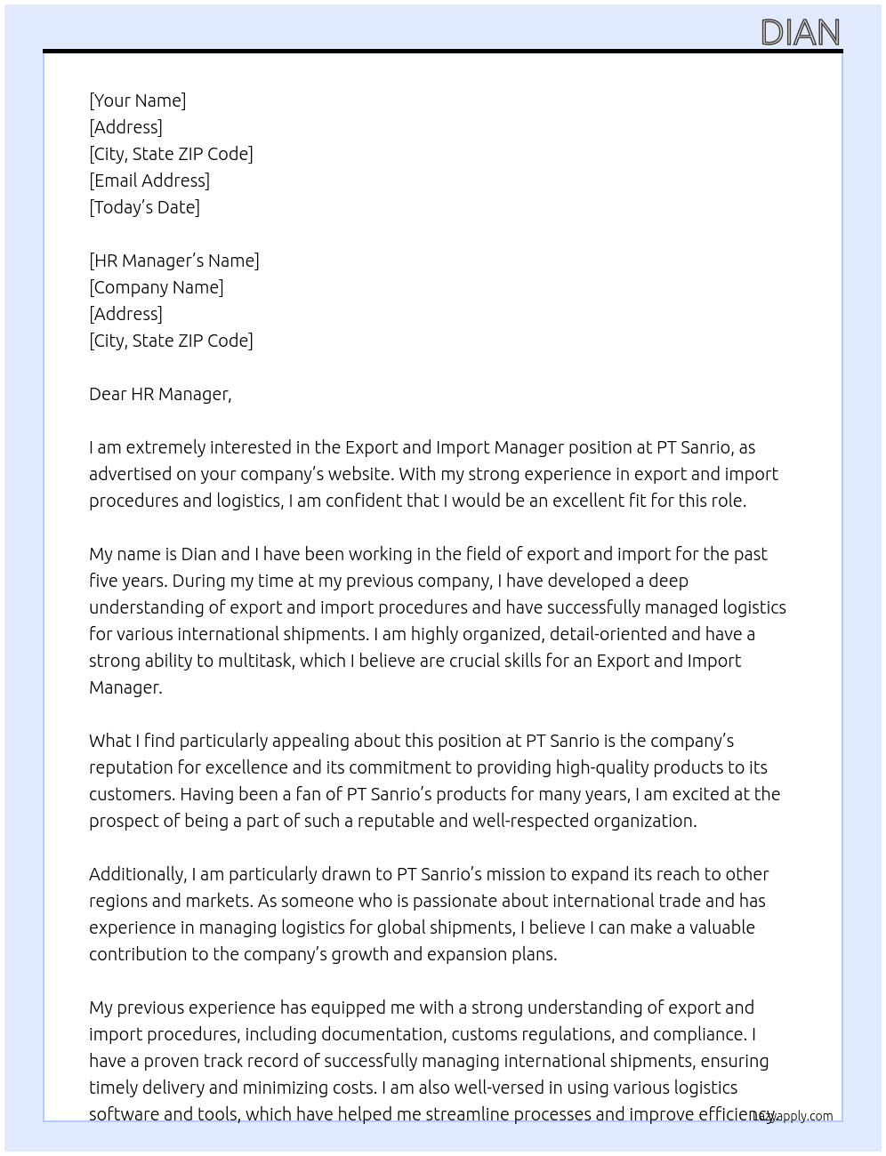 Export and Import Manager At PT SAnrio Cover Letter