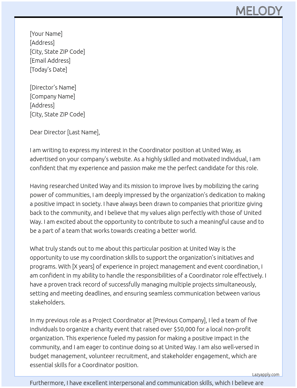 Coordinator At United Way Cover Letter