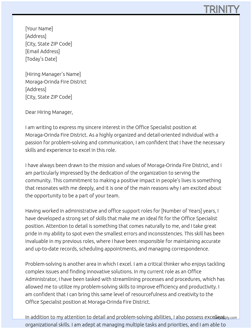 Office Speacialist At Moraga-Orinda Fire District Cover Letter