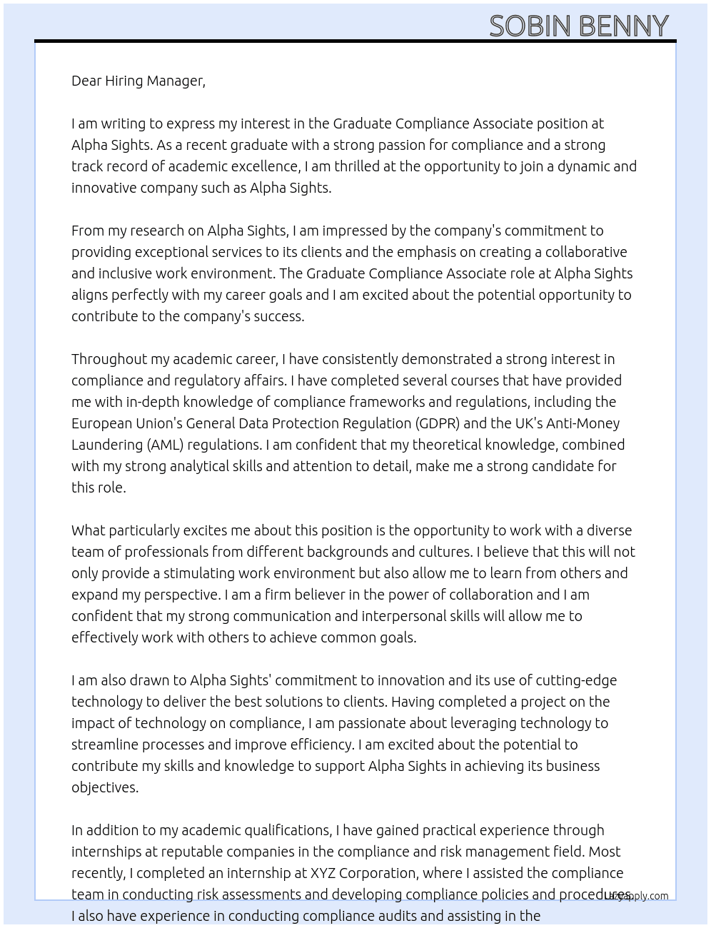 Graduate Compliance Associate At Alpha Sights Cover Letter