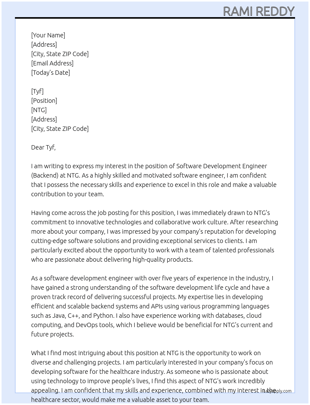 Software Development Engineer (Backend) At ntg Cover Letter