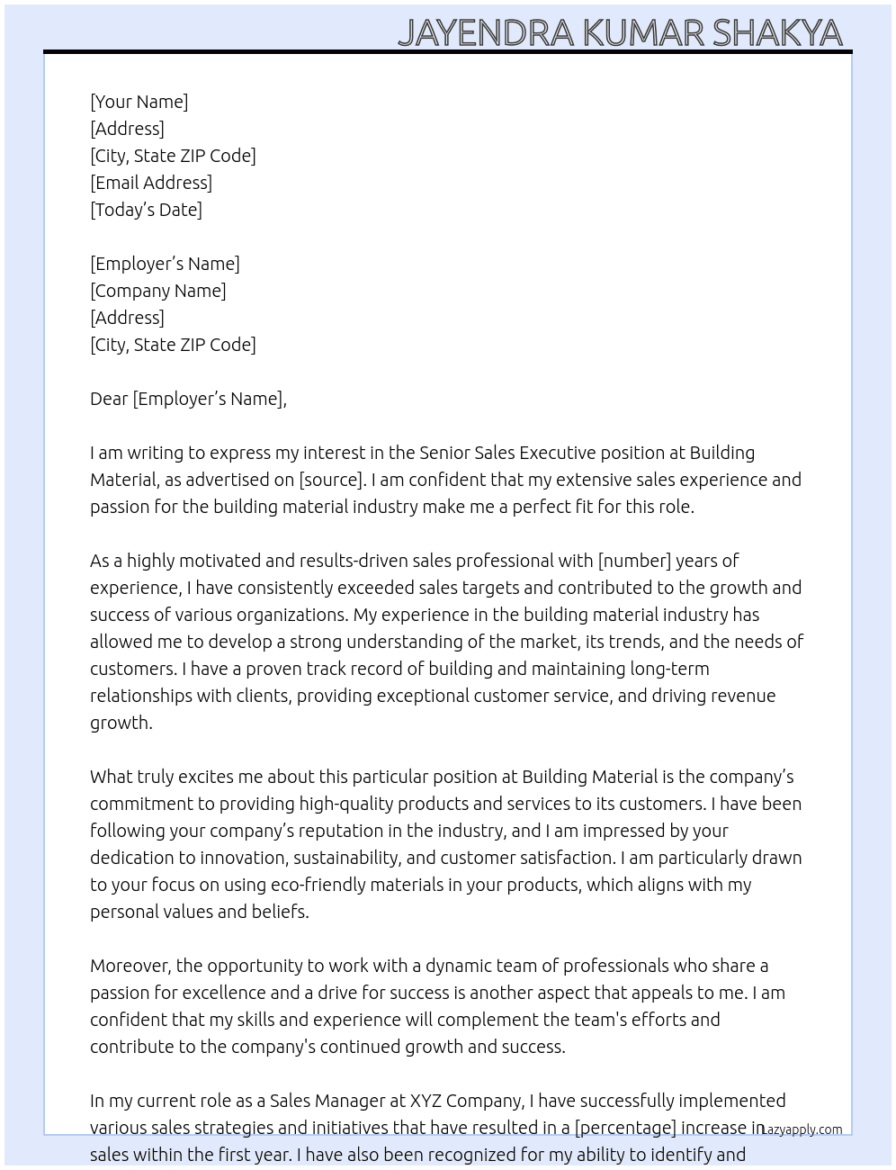Senior Sales executive  At Building Material Cover Letter
