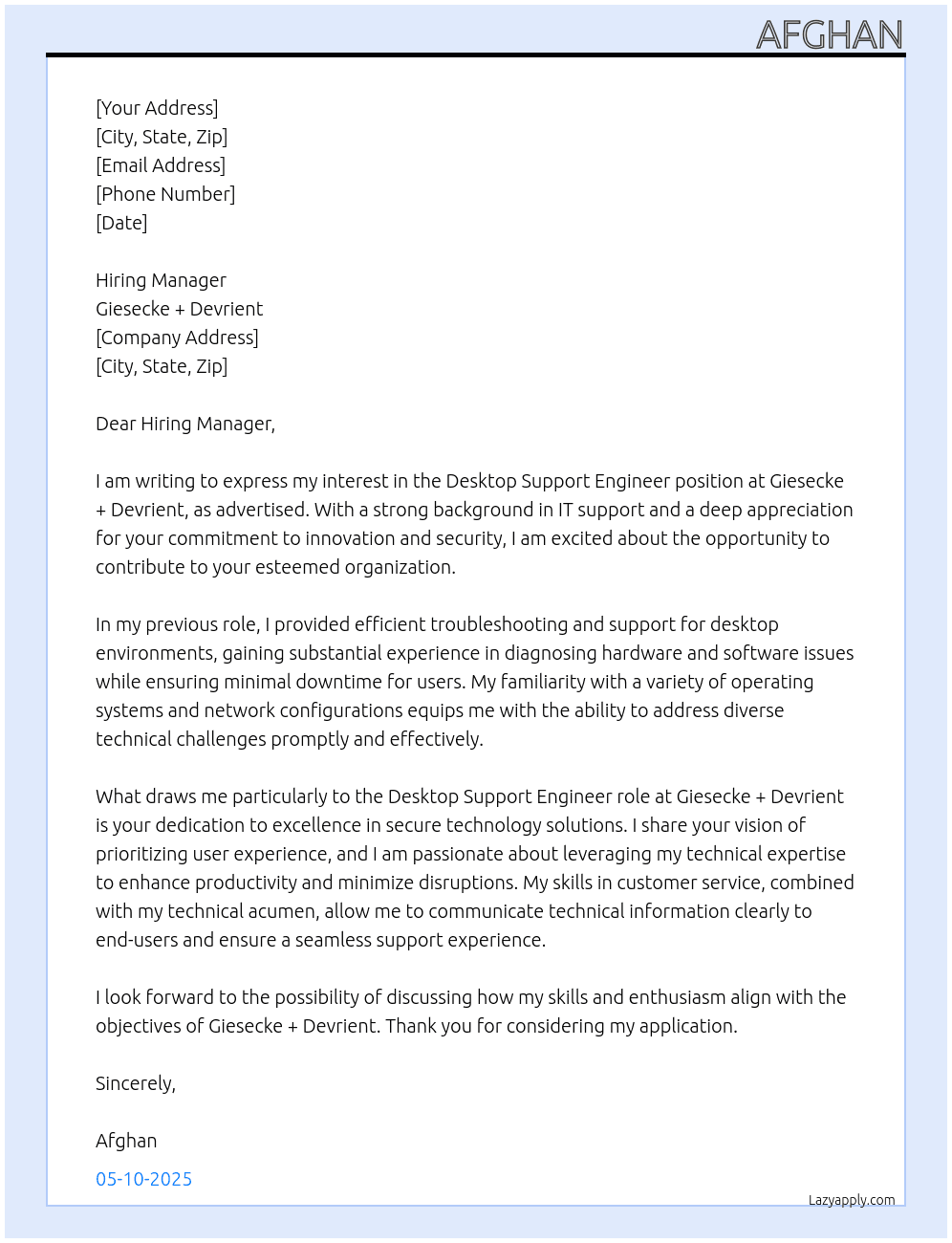 desktop support engineer At Giesecke + Devrient Cover Letter