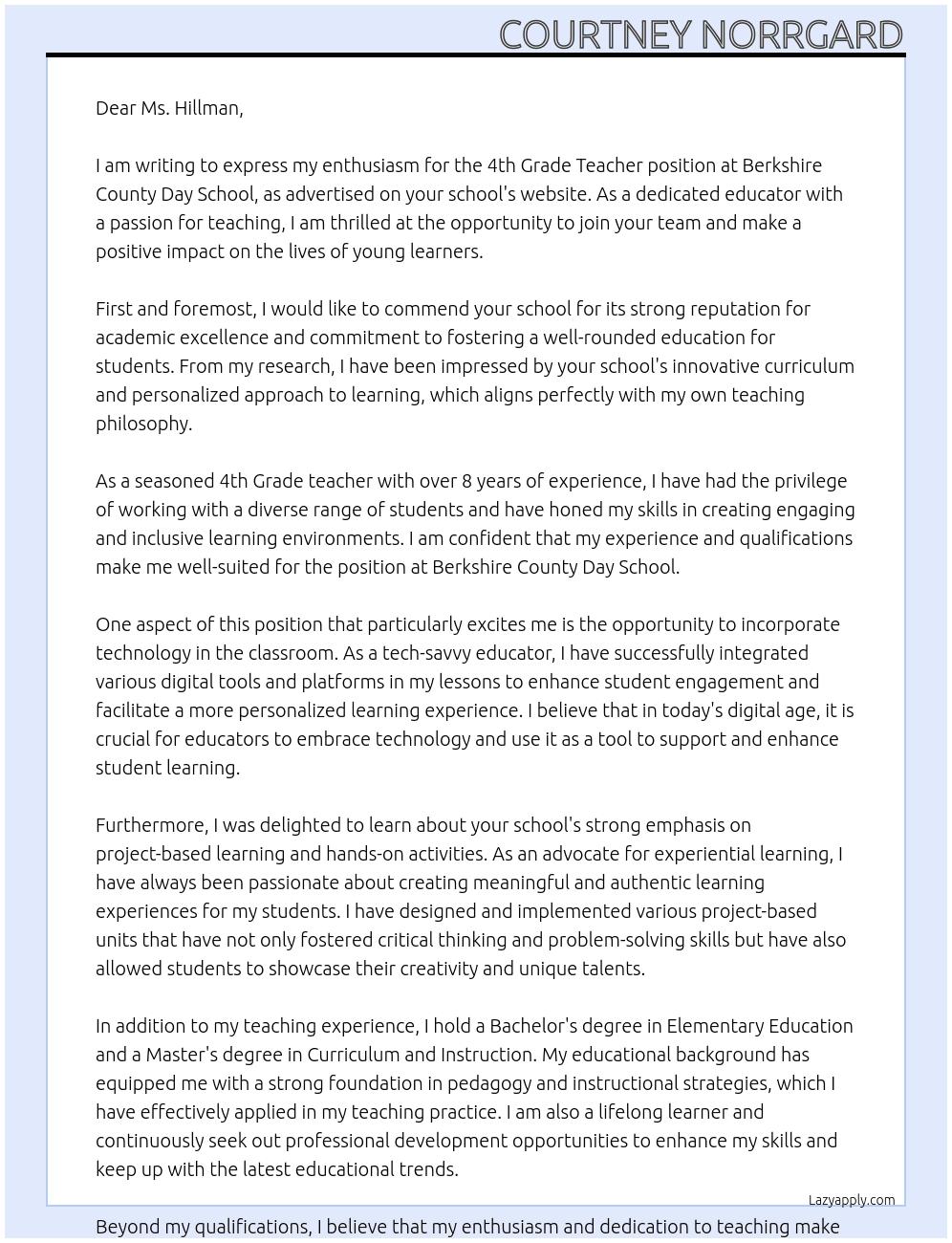 4th Grade Teacher At Berkshire County Day School Cover Letter
