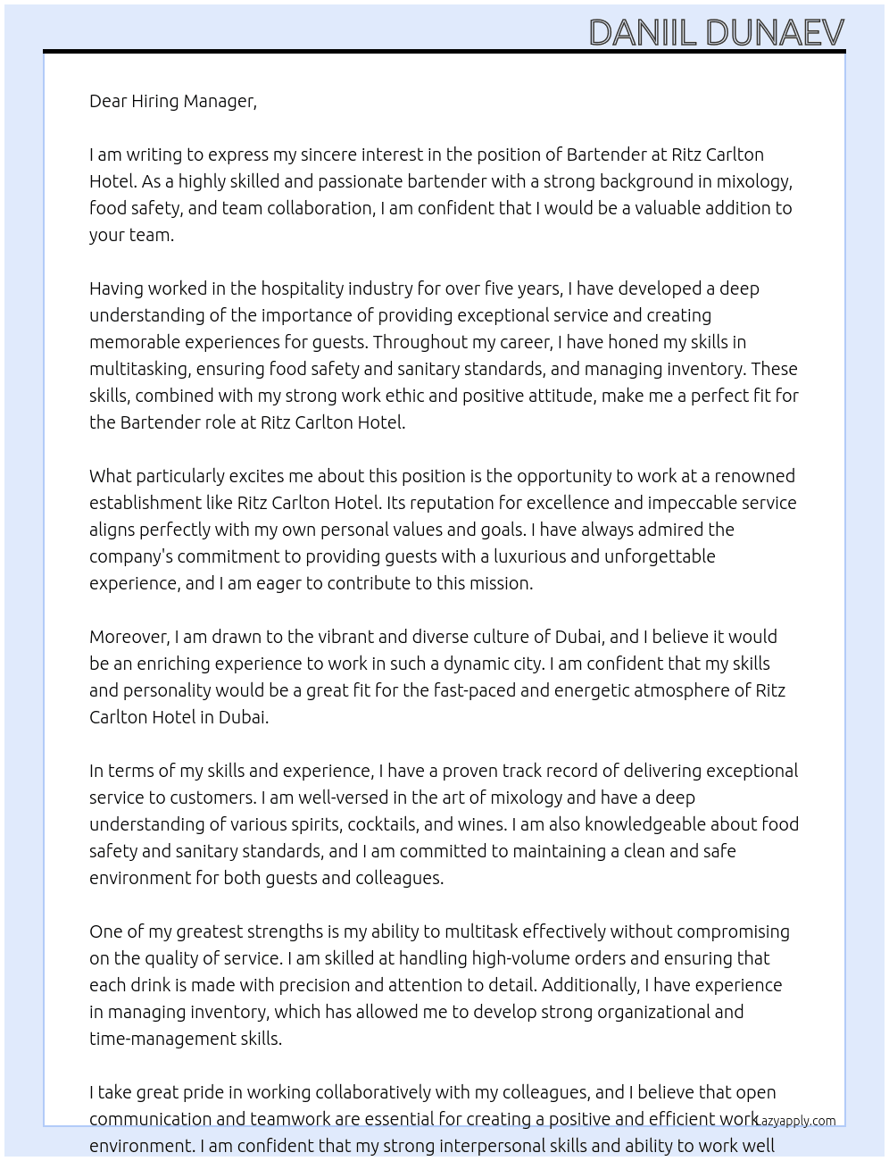 Bartender At Ritz Carlton Hotel Cover Letter