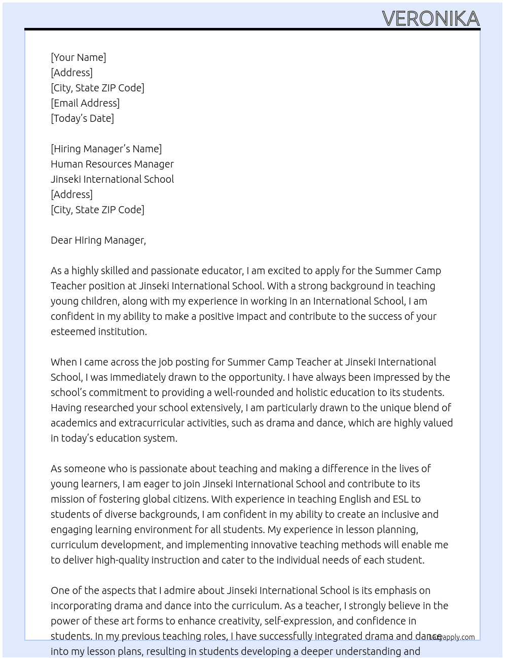 Summer Camp Teacher At Jinseki International School Cover Letter