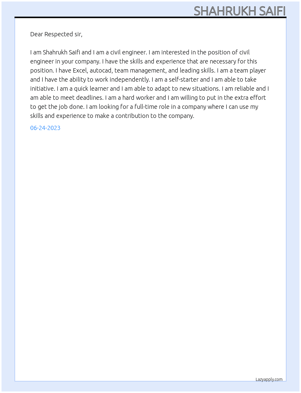 Civil Engineer  At Saudi best company  Cover Letter