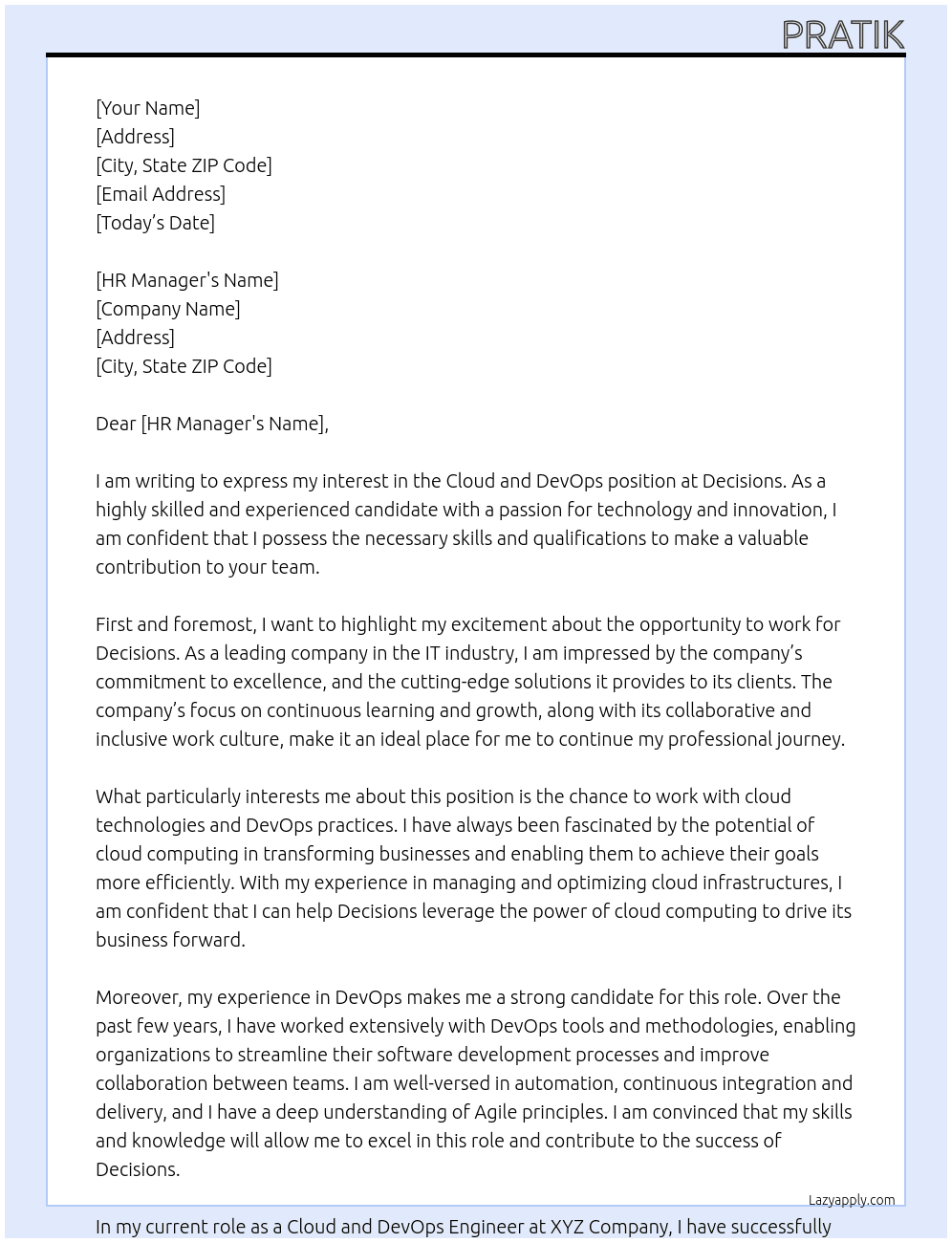 Cloud and DevOps  At Decisions Cover Letter