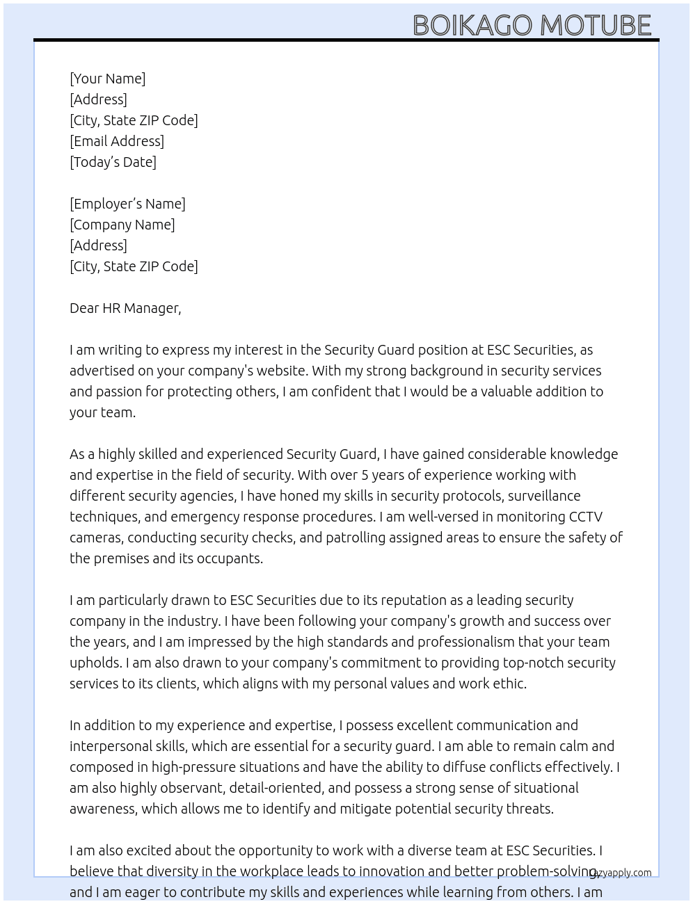 Security guard At ESC securities Cover Letter