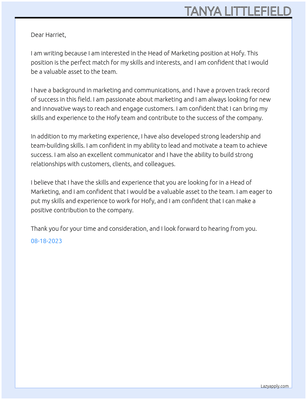 Head of Marketing At Hofy Cover Letter