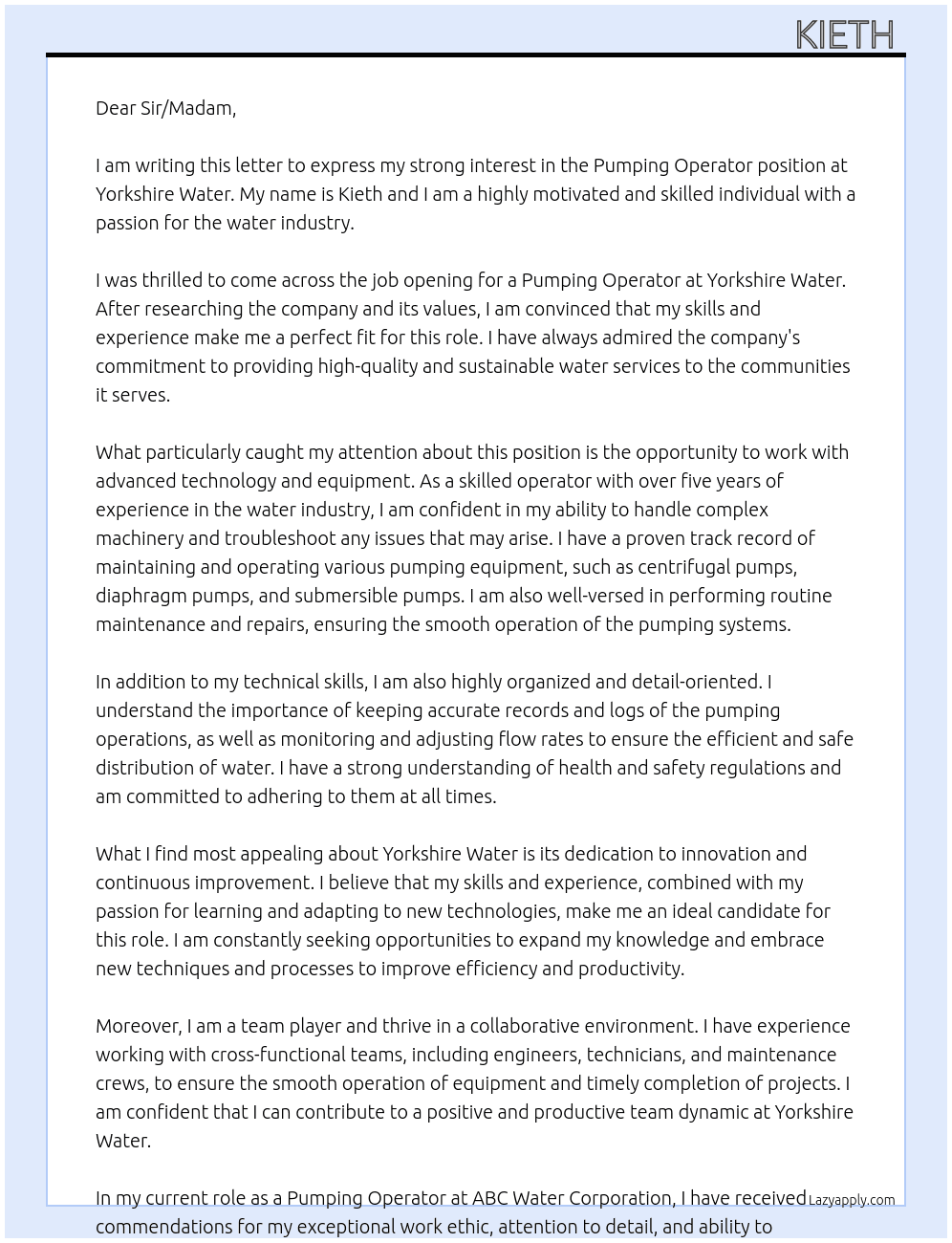 Cover letter for pumping operator - LazyApply
