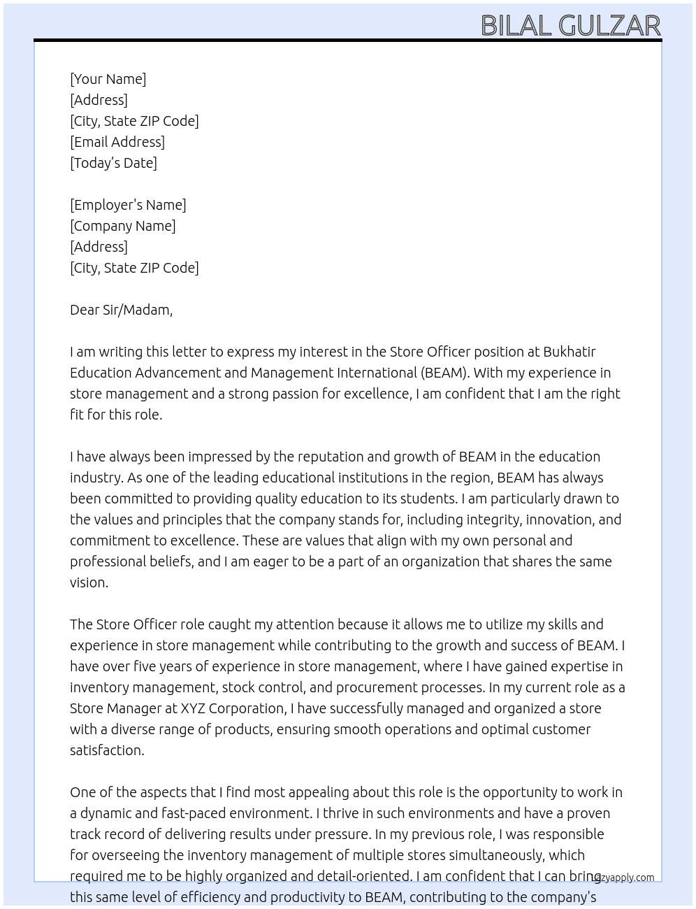 Store Officer At Bukhatir Education Advancement and Management International (BEAM) Cover Letter