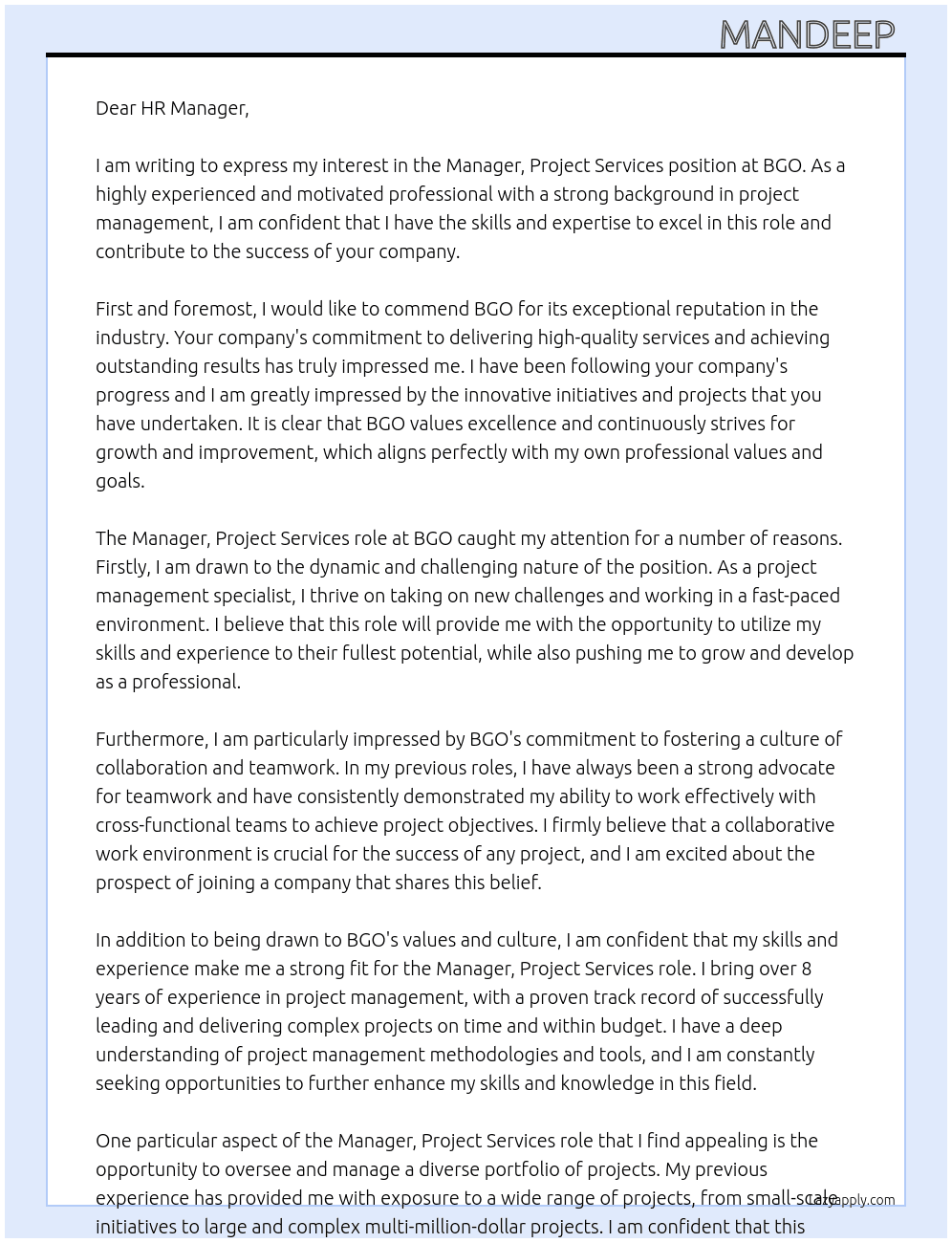Manager, Project Services At BGO Cover Letter