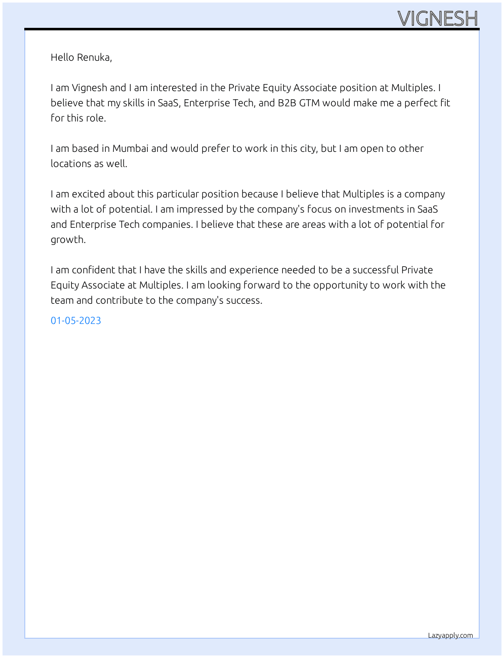 Cover letter for private equity associate - LazyApply