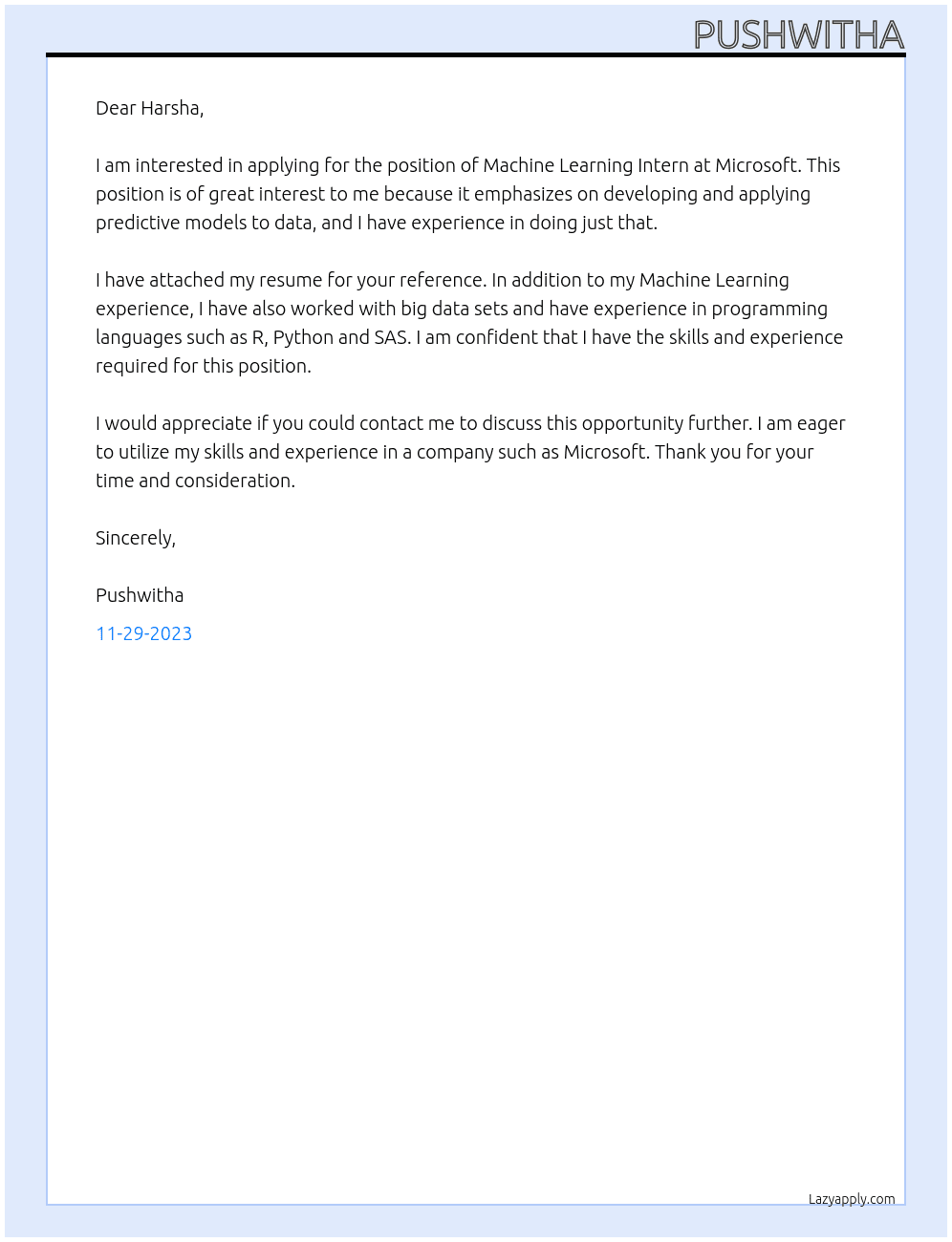 Machine Learning Intern At Microsoft Cover Letter