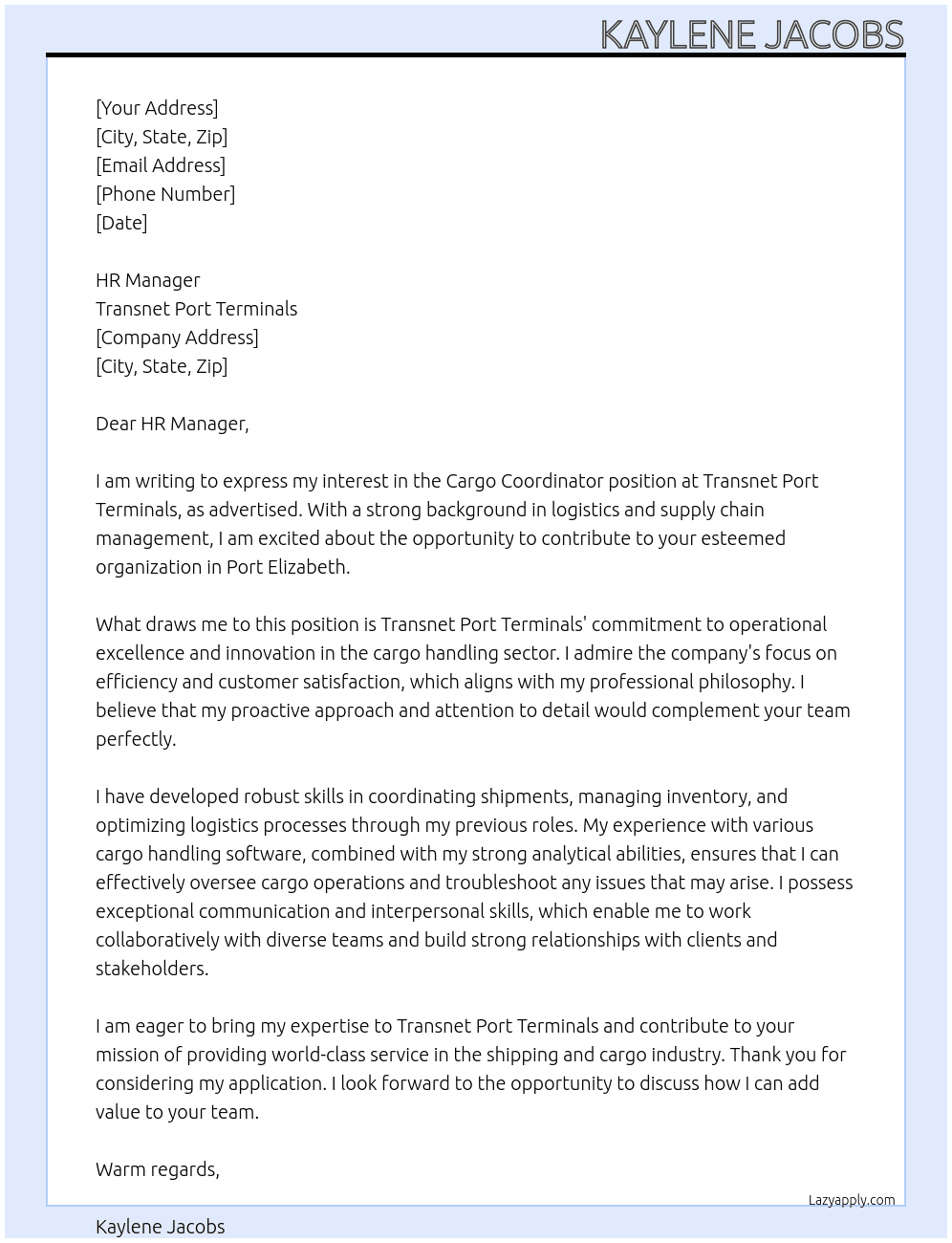 Cargo Coordinator  At Transnet Port Terminals  Cover Letter