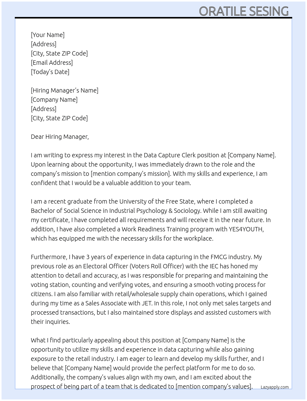 Data Capture Clerk At your company  Cover Letter
