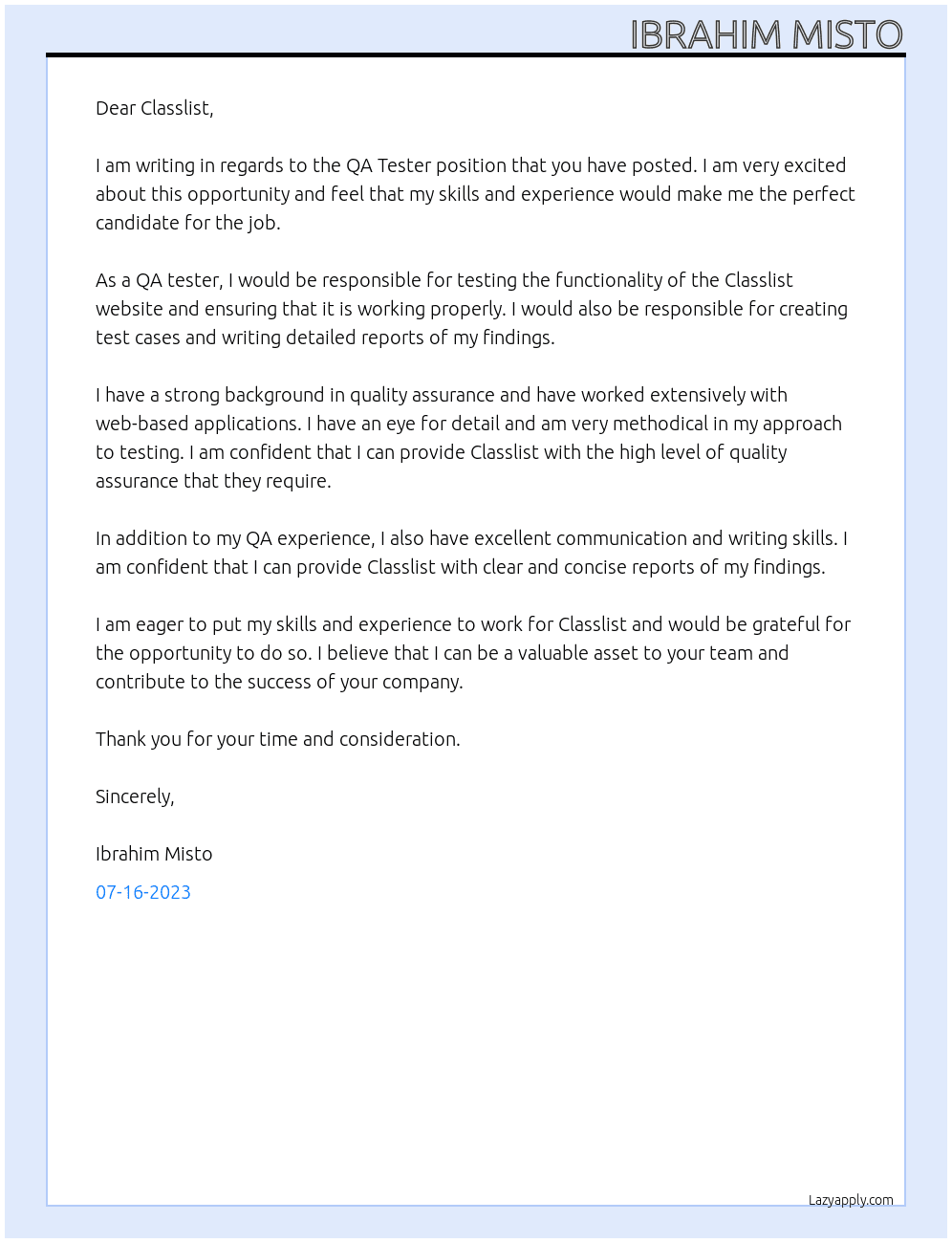 QA Tester At  Classlist Cover Letter