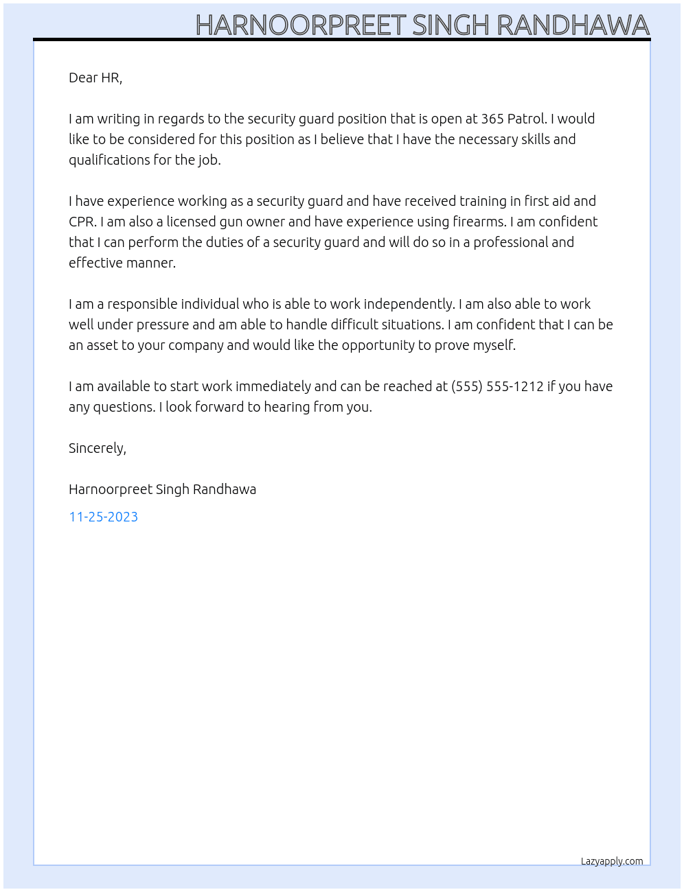 Security Guard At 365 Patrol Cover Letter