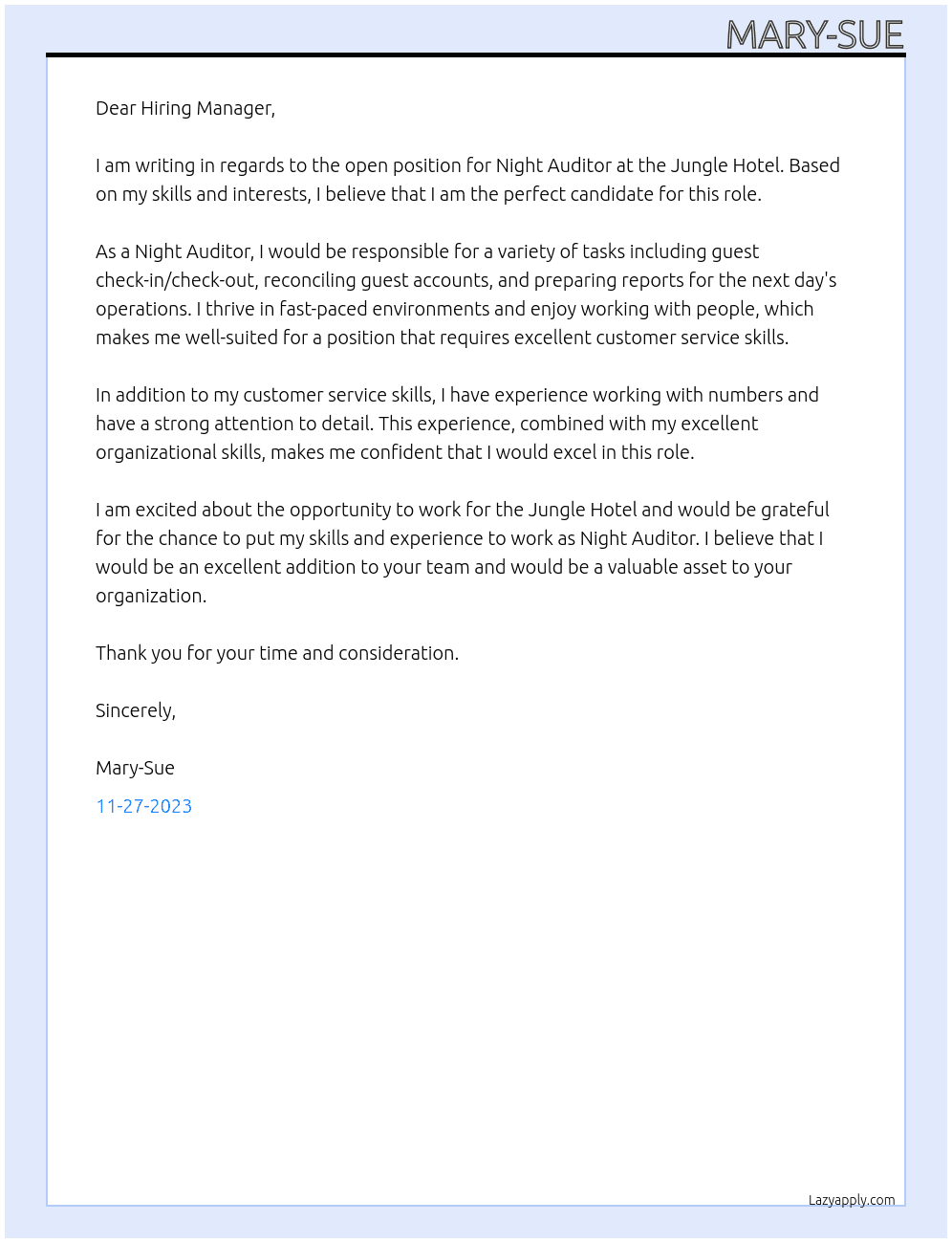 Night Auditor At Jungle Hotel Cover Letter