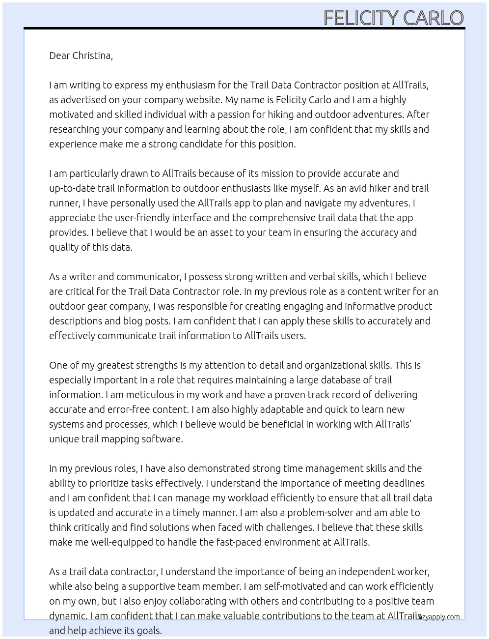 Trail Data Contractoer At AllTrails Cover Letter