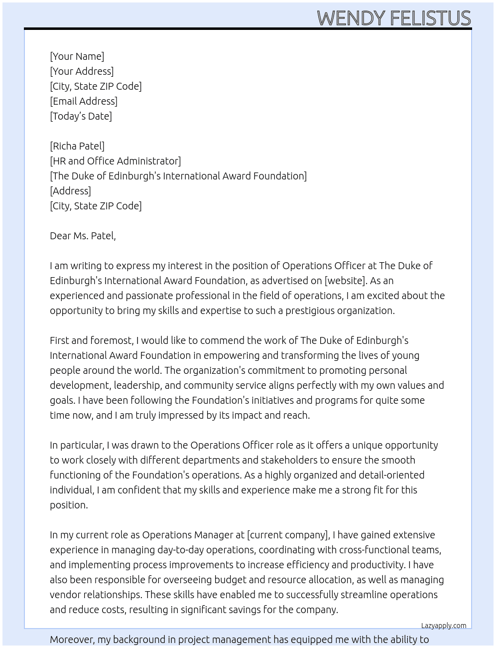 Operations Officer At The Duke of Edinburgh's International Award Foundation Cover Letter
