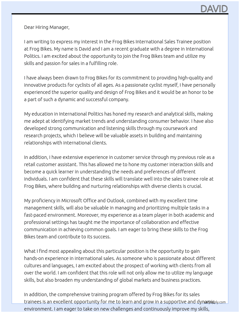 Frog Bikes International Sales Trainee At Frog Bikes Cover Letter