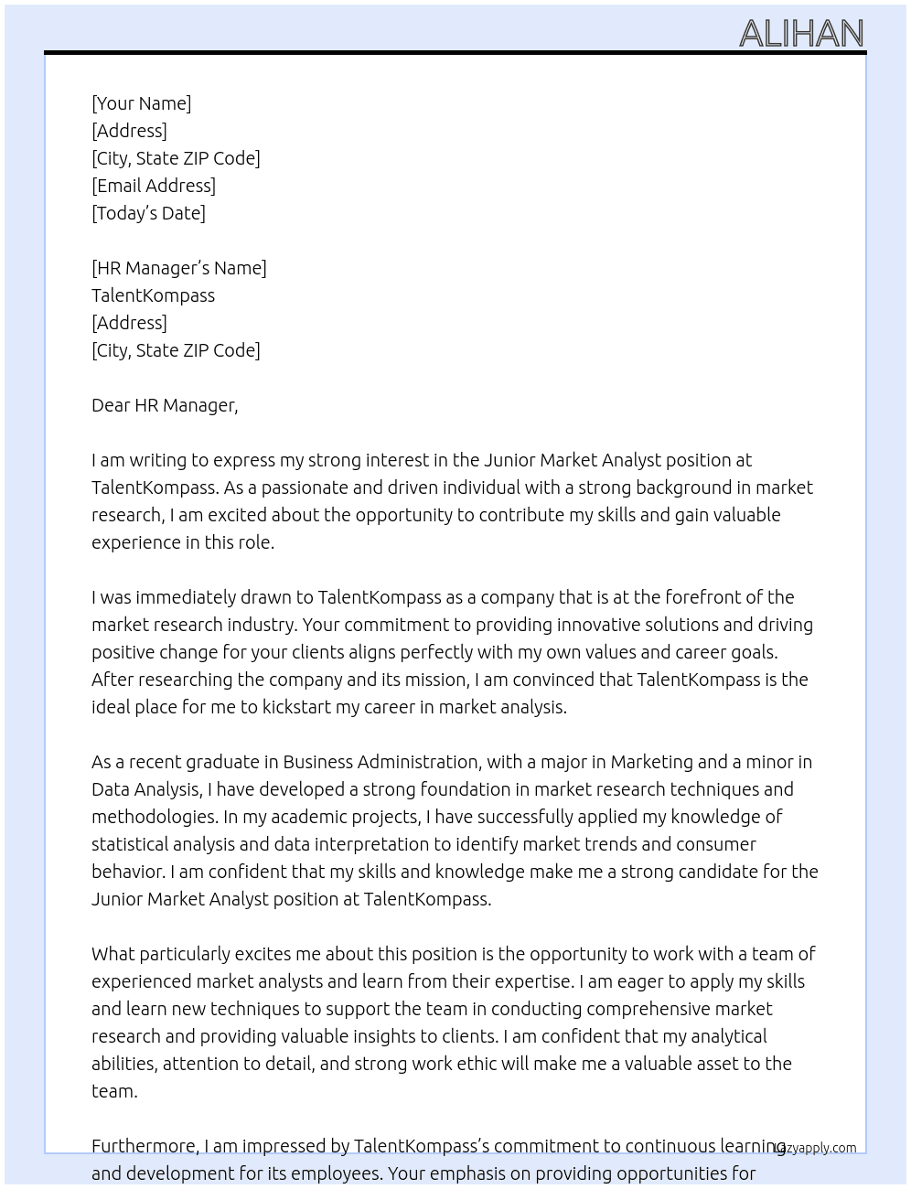 Junior Market Analyst At TalentKompass Cover Letter