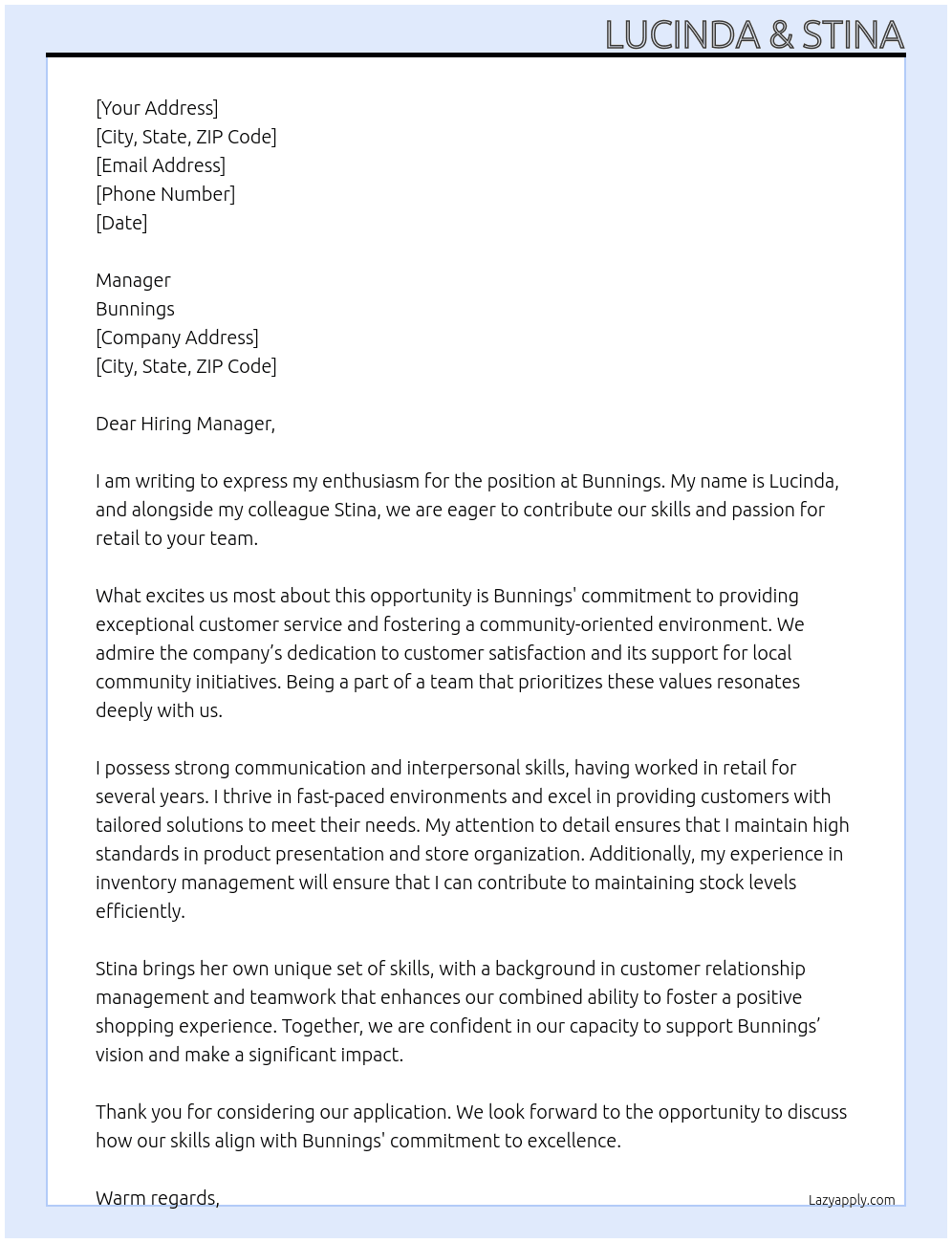 Cover letter for bunnings - LazyApply